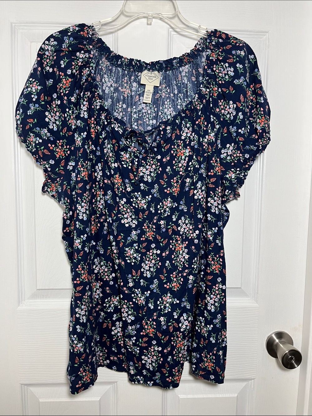 St. John's Bay Navy Floral Gathered-Neck Tunic